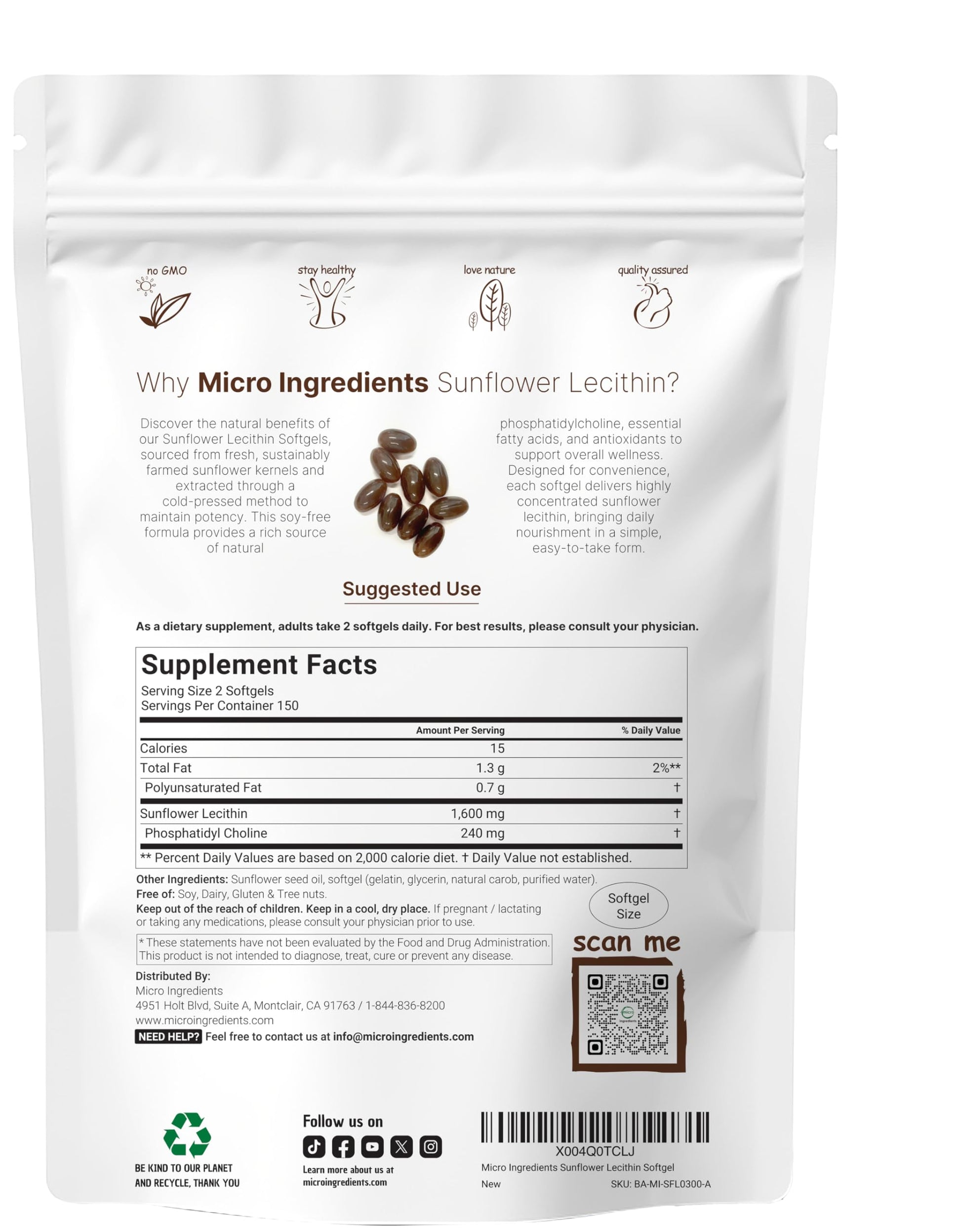 Micro Ingredients cold pressed sunflower lecithin capsules supplement label details