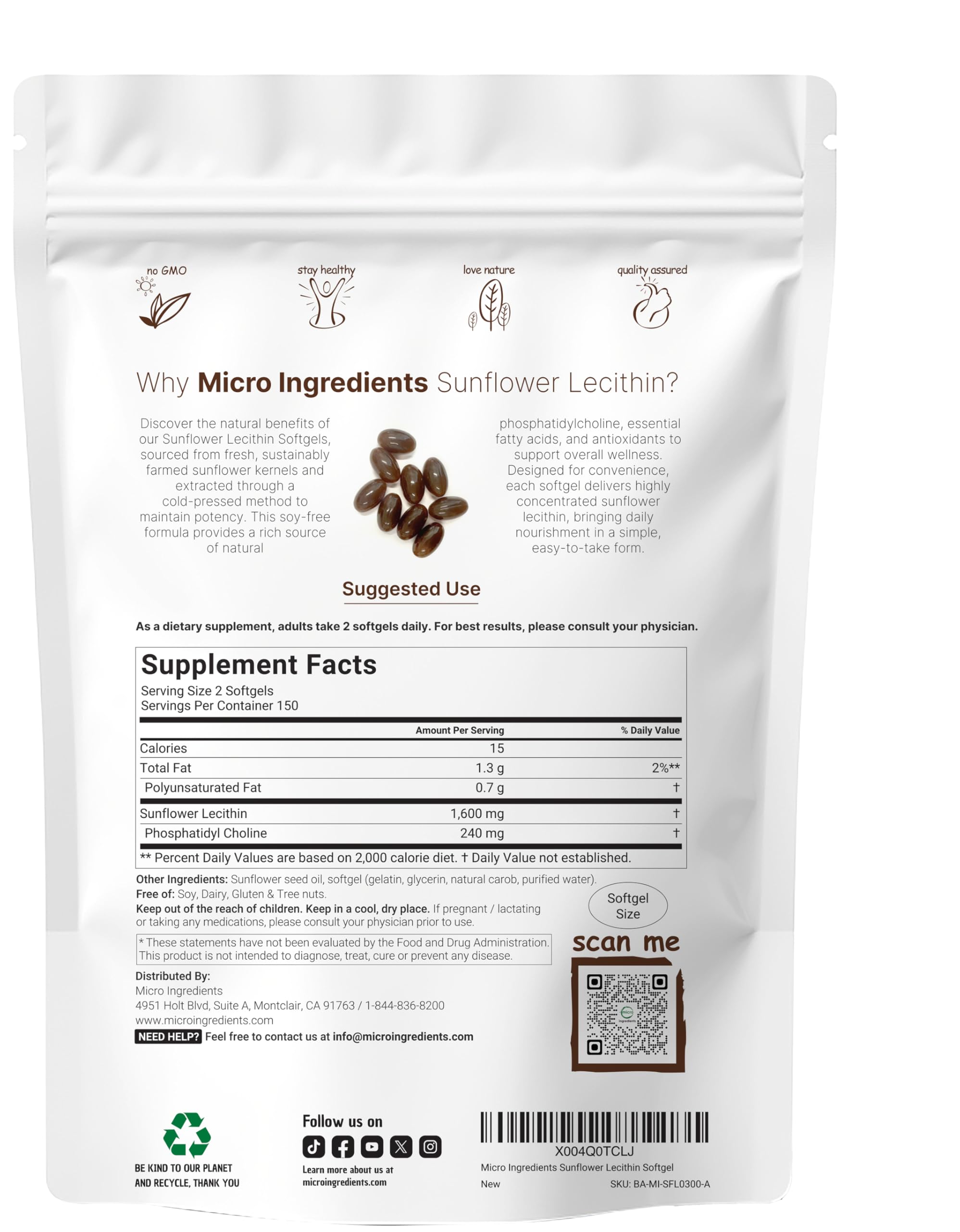Micro Ingredients cold pressed sunflower lecithin capsules supplement label details
