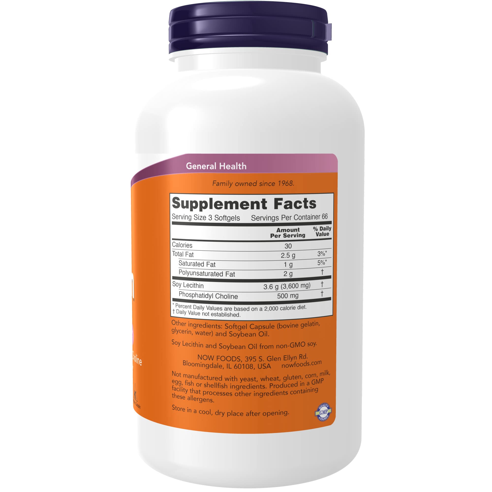 Supplement bottle of NOW Foods Lecithin showing 200 softgels label for brain function.