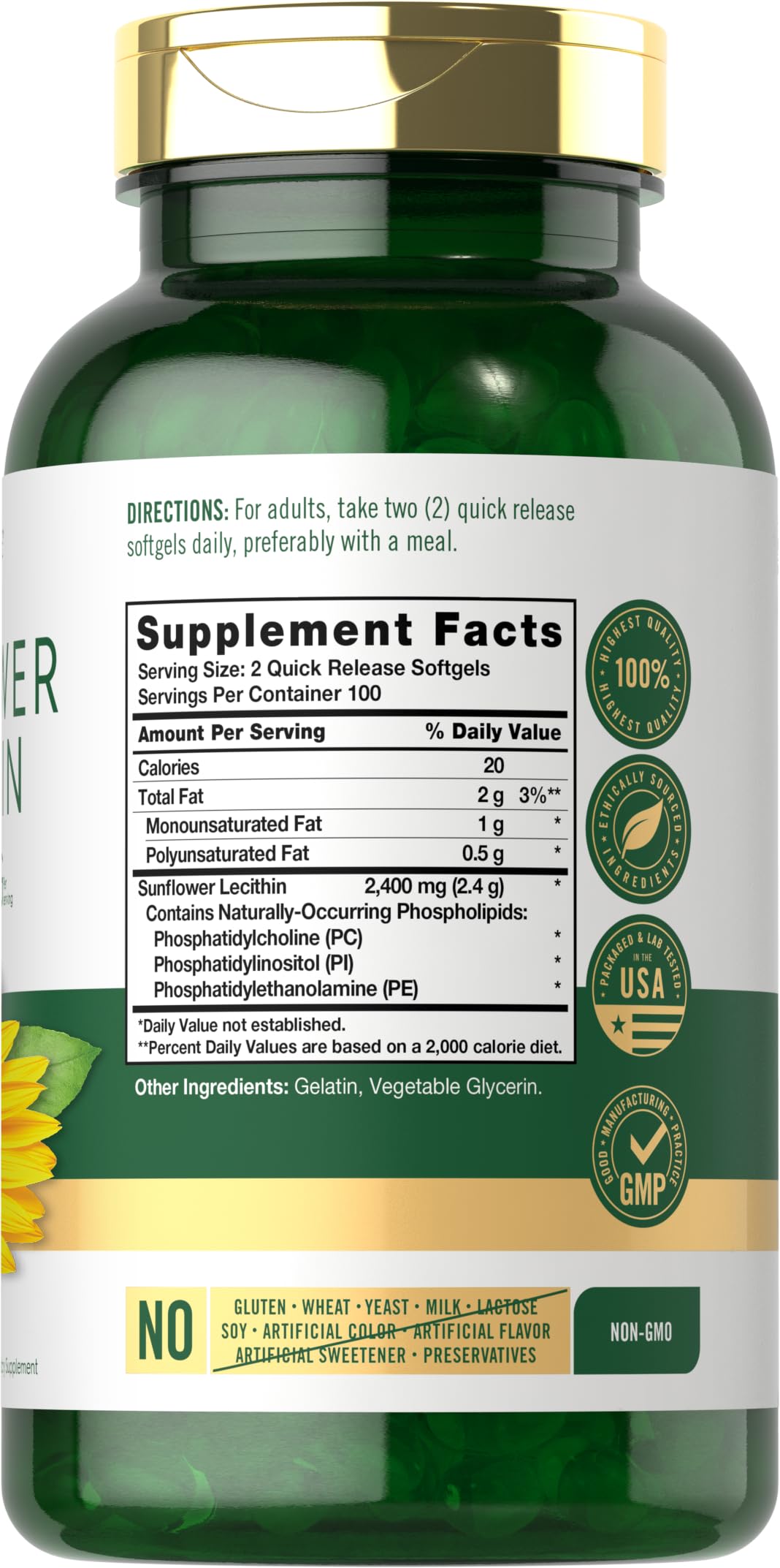 Carlyle Sunflower Lecithin supplement label showing 2400 mg formula details