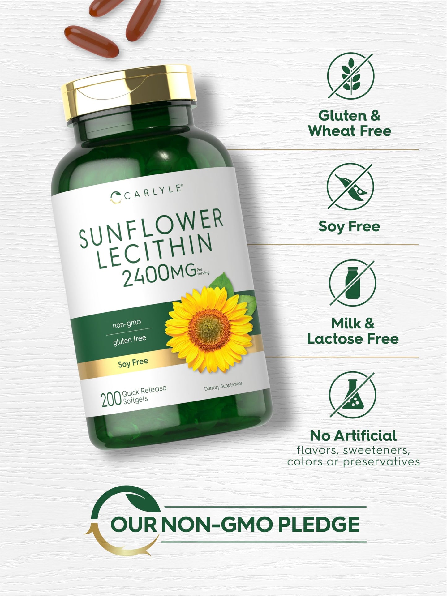 Carlyle sunflower lecithin quick release softgel capsules close up view