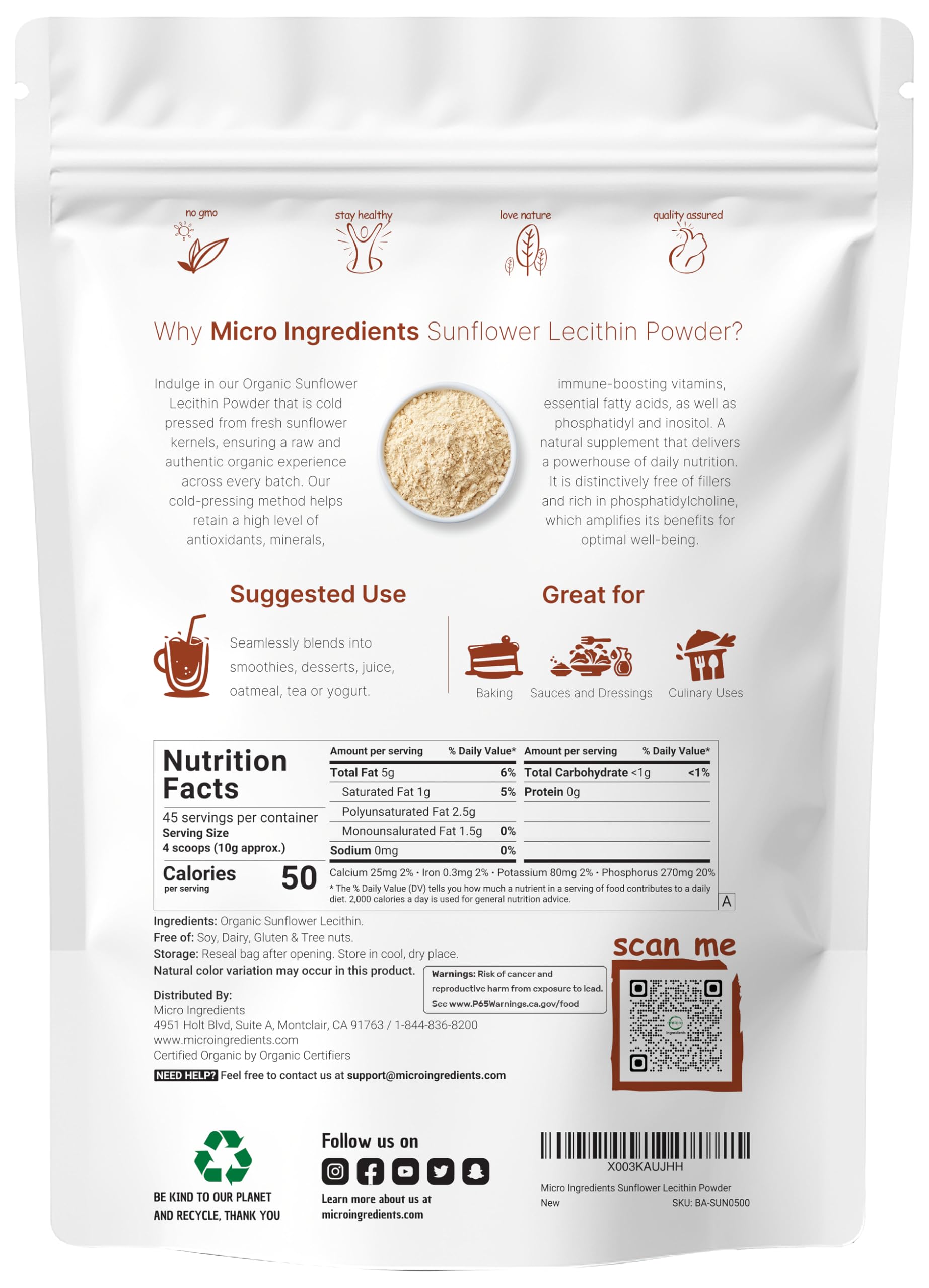 Micro Ingredients sunflower lecithin powder nutritional facts and supplement label