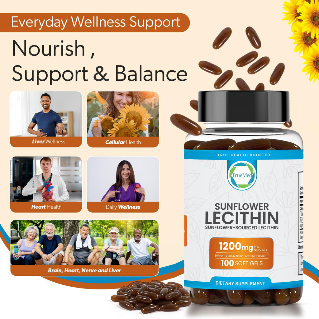 Side view of TRUEMED organic sunflower lecithin bottle showing dosage instructions