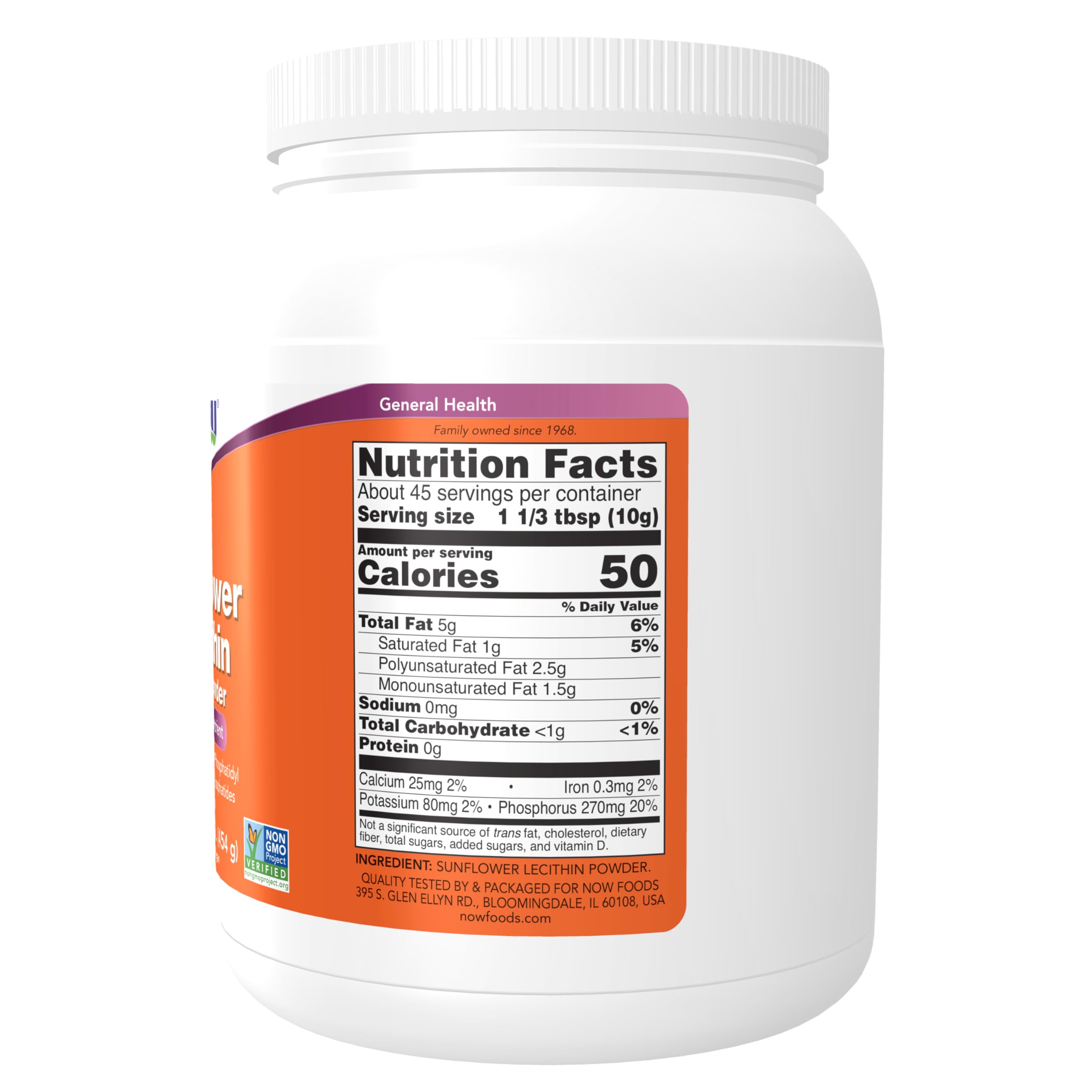 NOW Foods Sunflower Lecithin Powder 454 grams plant based soy free dietary supplement container side view.