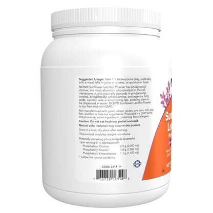 Unflavored sunflower lecithin powder from NOW Foods rich in phosphatidyl choline for cellular health.
