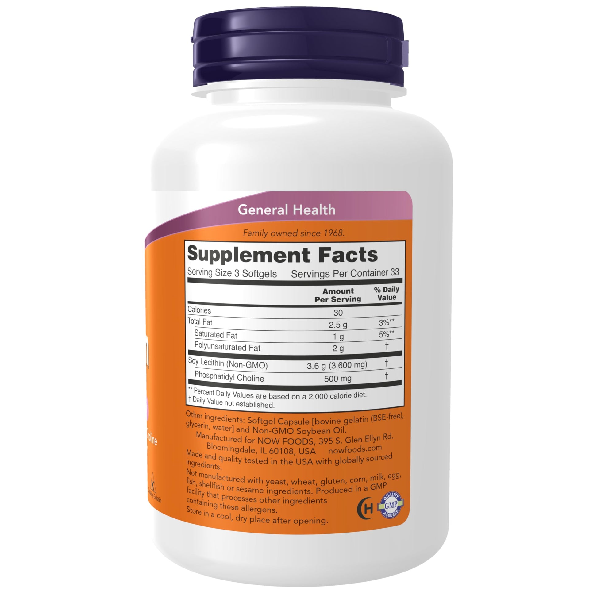NOW Foods Lecithin supplement facts label showing non-GMO soy lecithin ingredients