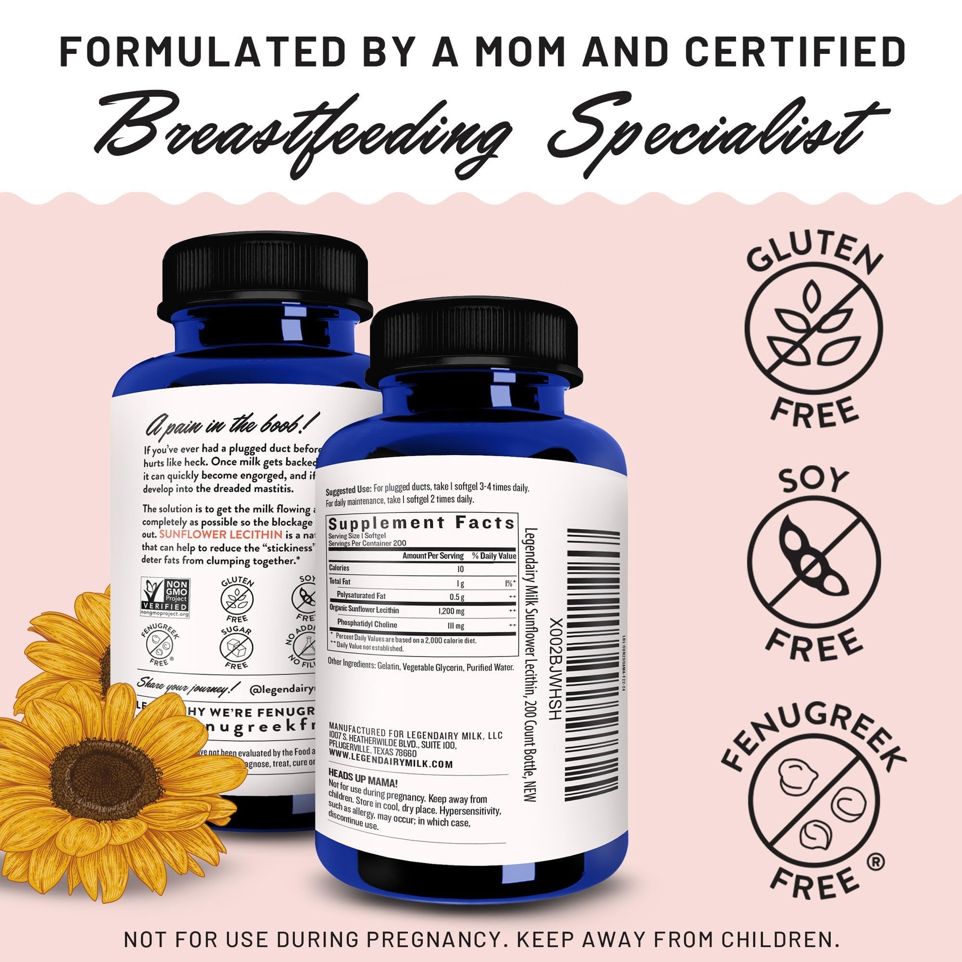 Authentic USA imported Legendairy Milk Sunflower Lecithin dietary supplement packaging details