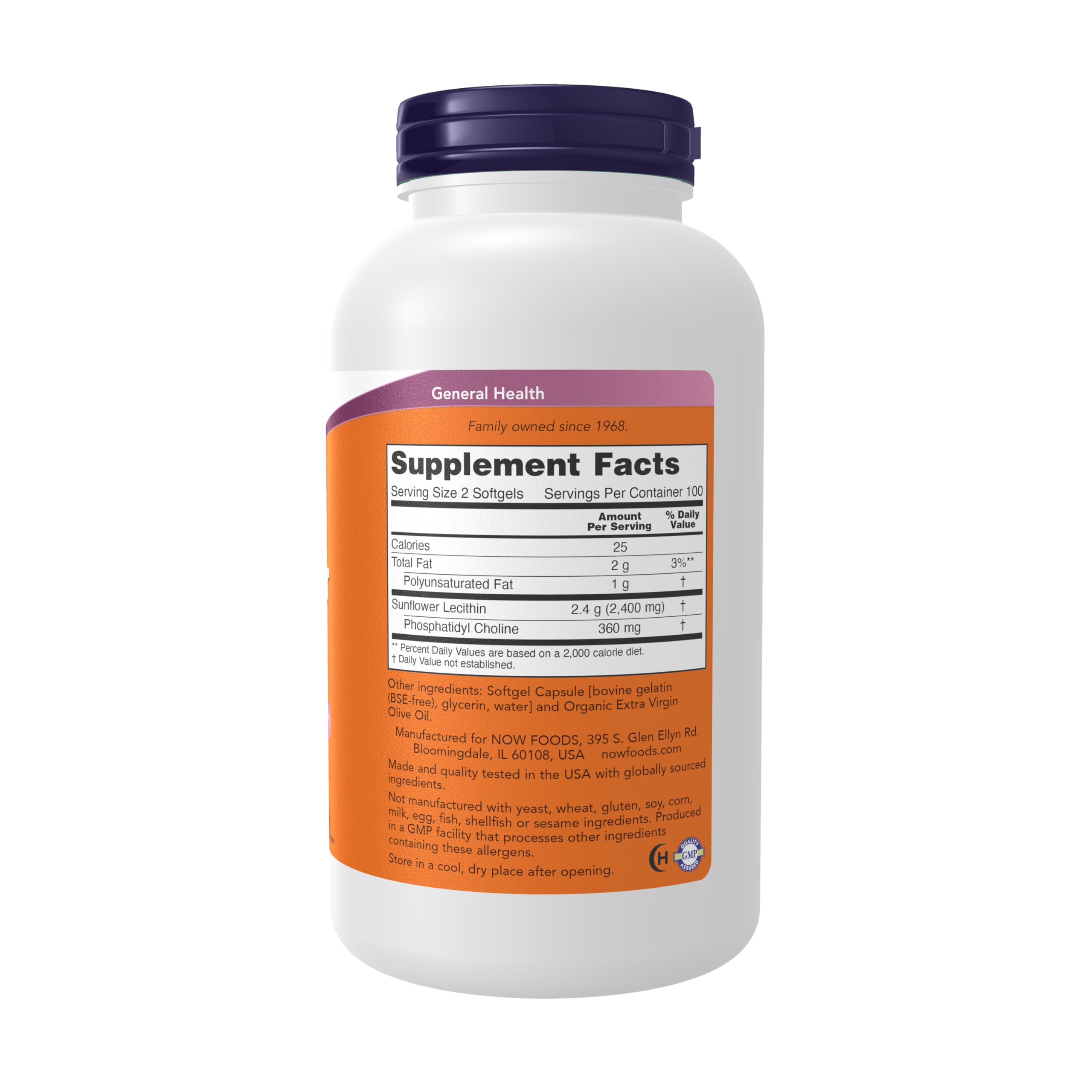 Now Foods Sunflower Lecithin 200 softgels packaging supplement rich in phosphatidyl choline