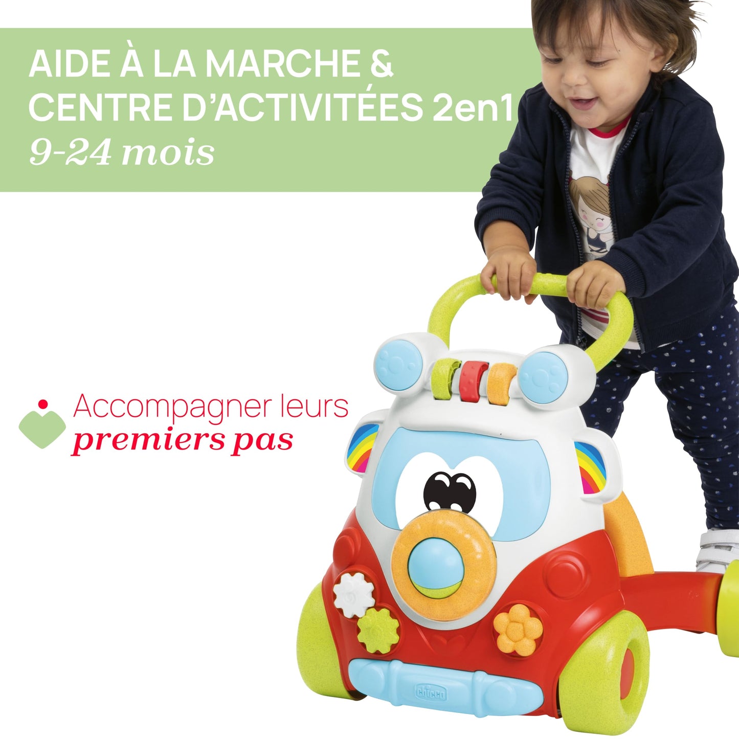 Side profile of Chicco Happy Hippy baby bus walker