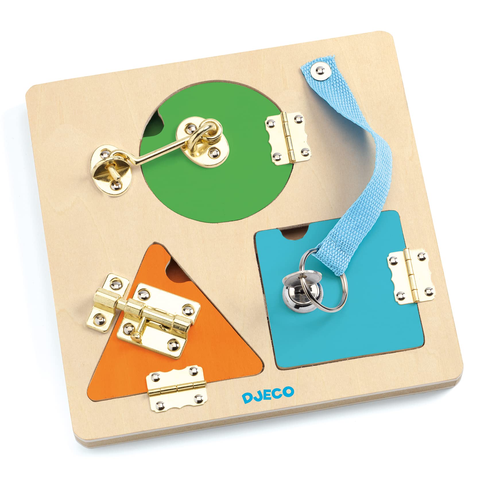 Child hands interacting with the Djeco LockBasic educational toy.