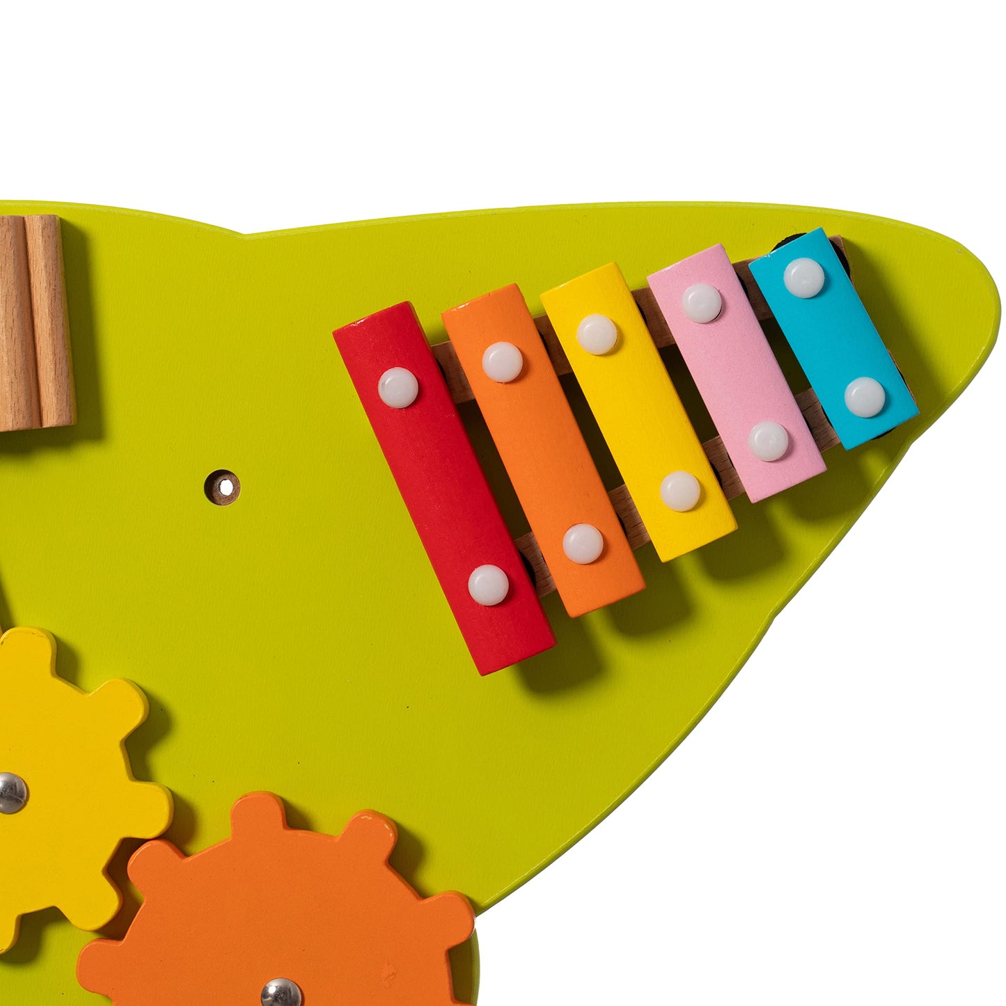 Close up of wooden gear and maze features on alligator board