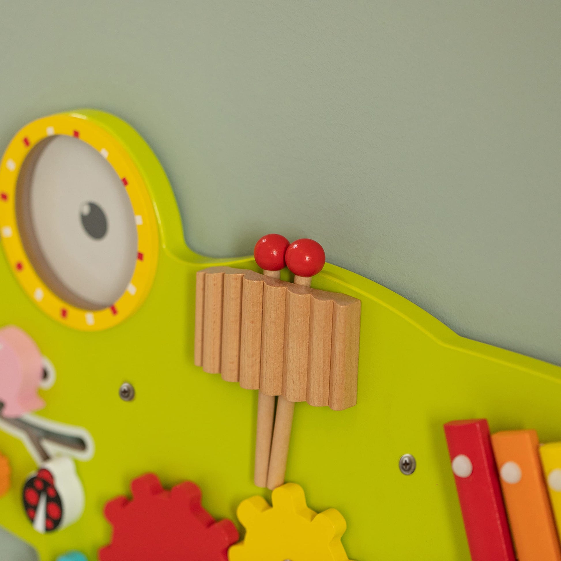 Detail of wooden sensory bead tracks on alligator activity center