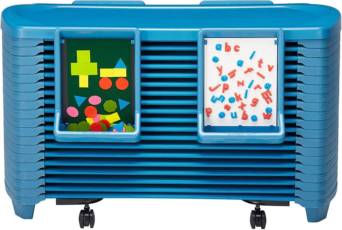 Childrens Factory toddler nap cots stacked on mobile carrier