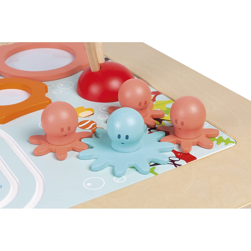 Janod wooden activity table packaging and set components