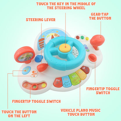 Toddler playing with Caterbee musical driving steering wheel toy