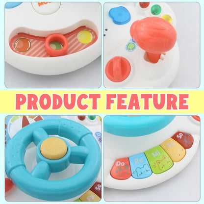 Close up of Caterbee interactive steering wheel controls and piano keys