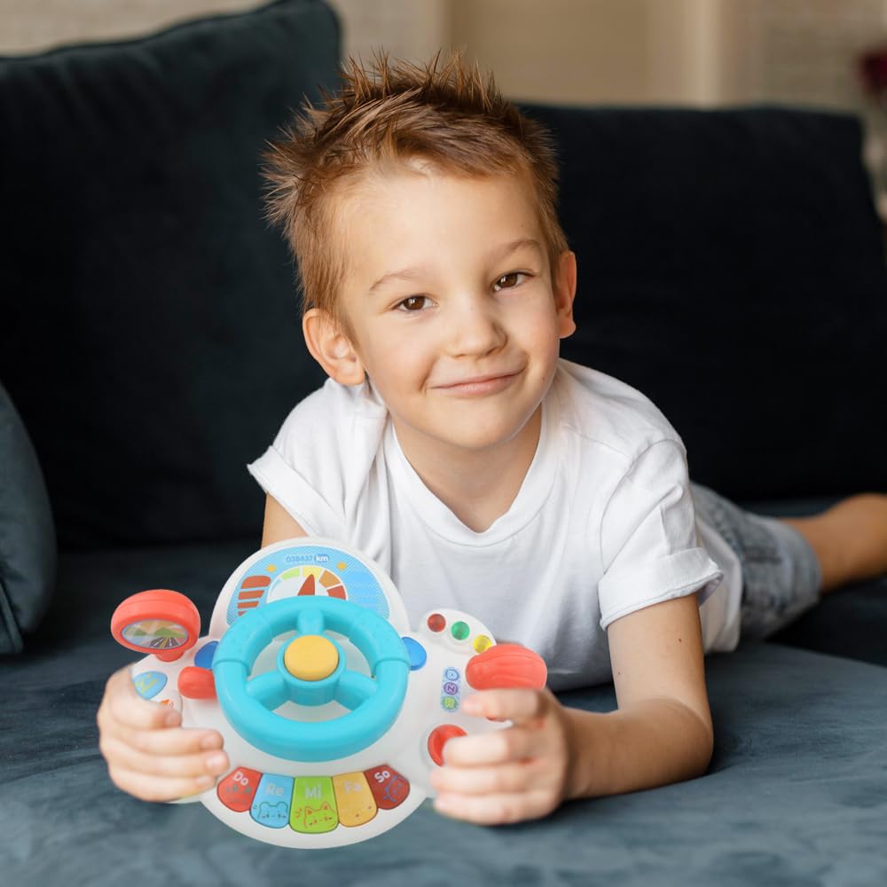 Side profile of Caterbee baby driving simulator toy for toddlers