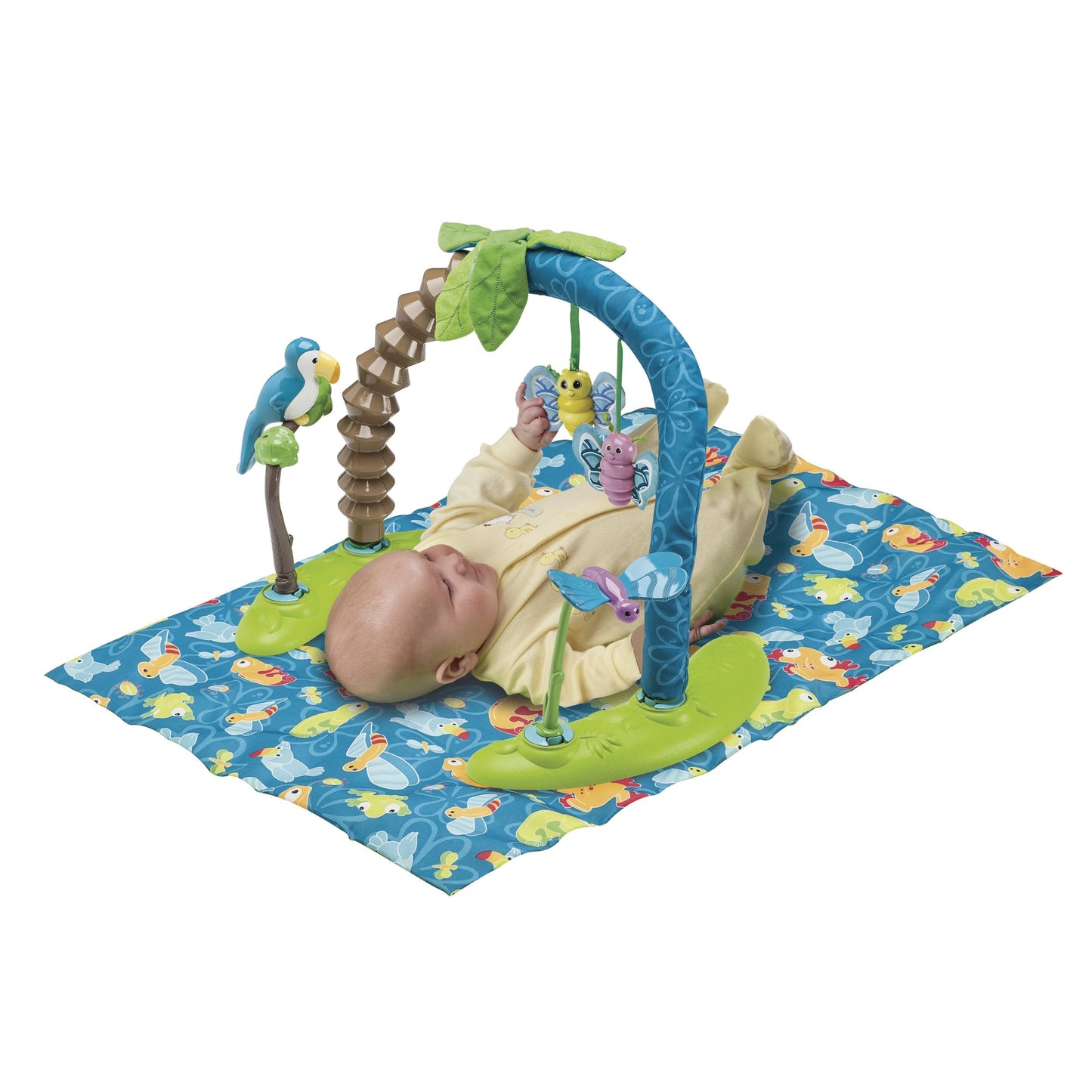 Close up of Evenflo Exersaucer detachable jungle themed toys