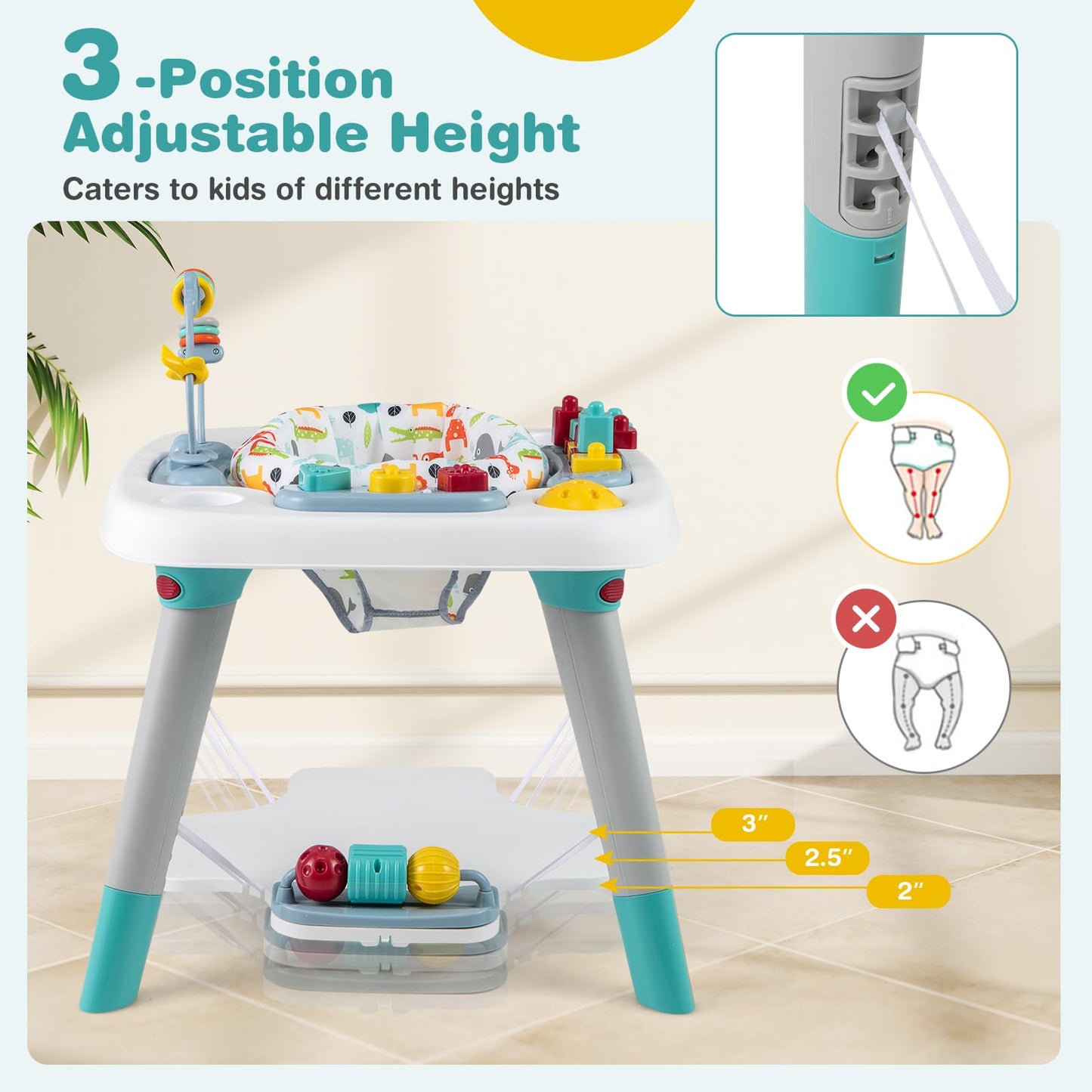 Adjustable height board feature on Baby Joy activity center