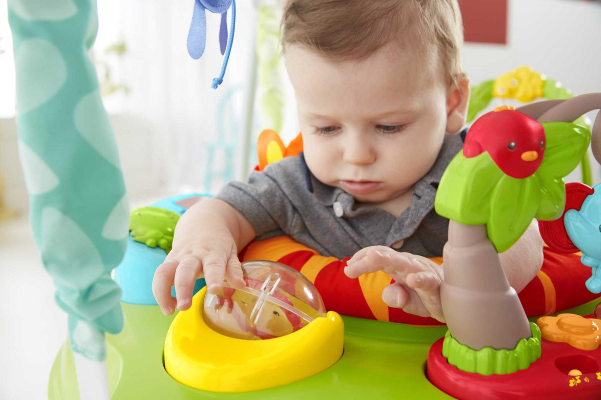 Side angle of Fisher-Price Rainforest Jumperoo showing height adjustment