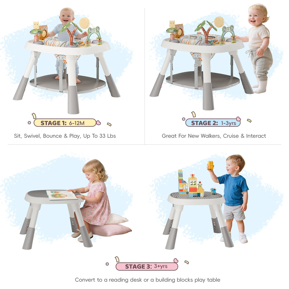Tolead 3-stage infant jumper showing rotating seat mechanism