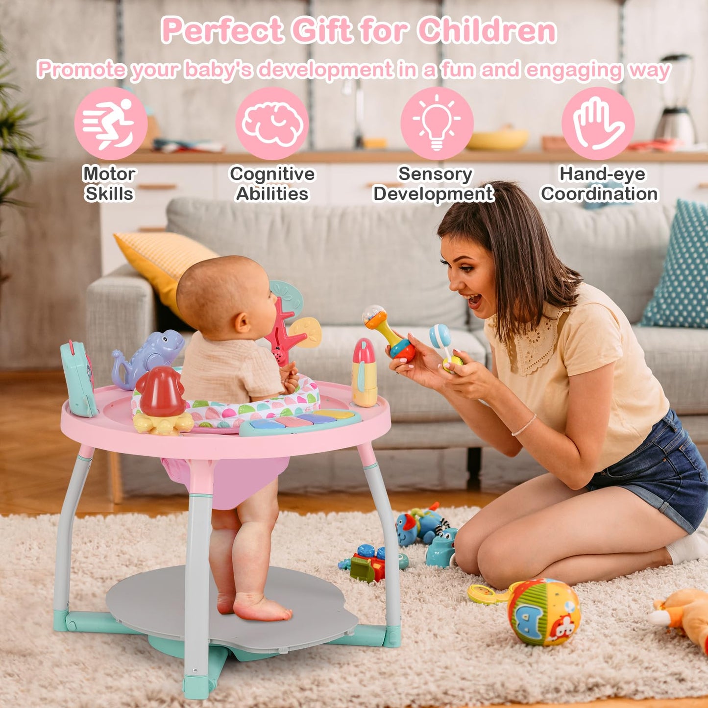 Detachable toys included with Honey Joy infant activity center