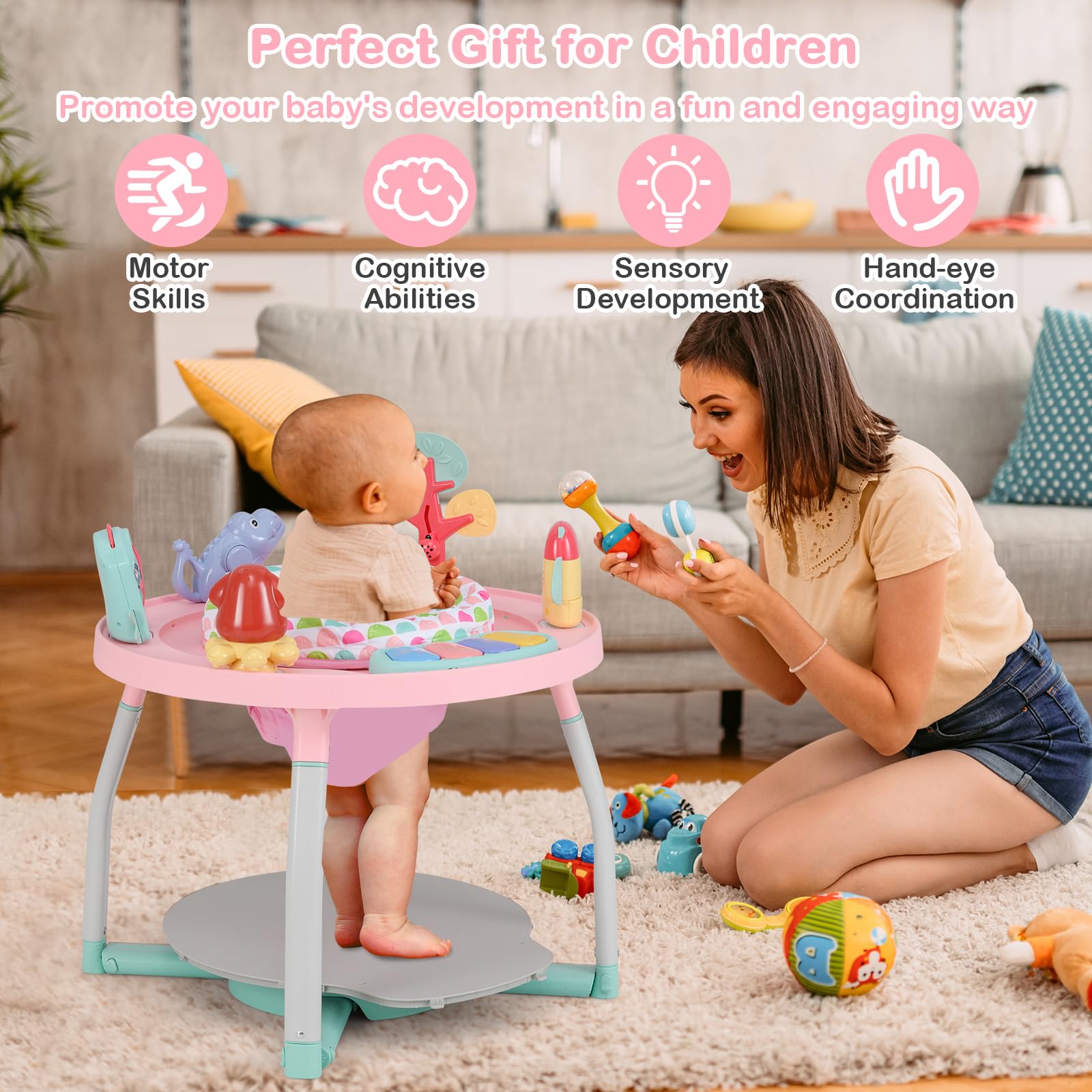 Detachable toys included with Honey Joy infant activity center