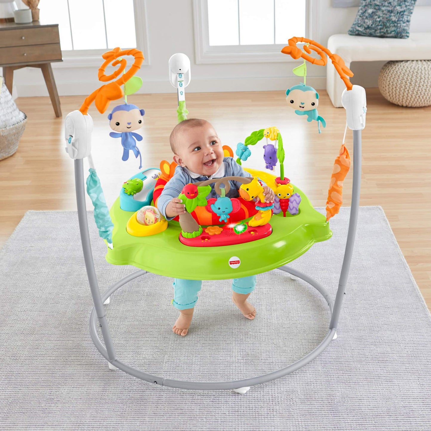 Close up of musical activity toys on Fisher-Price Jumperoo