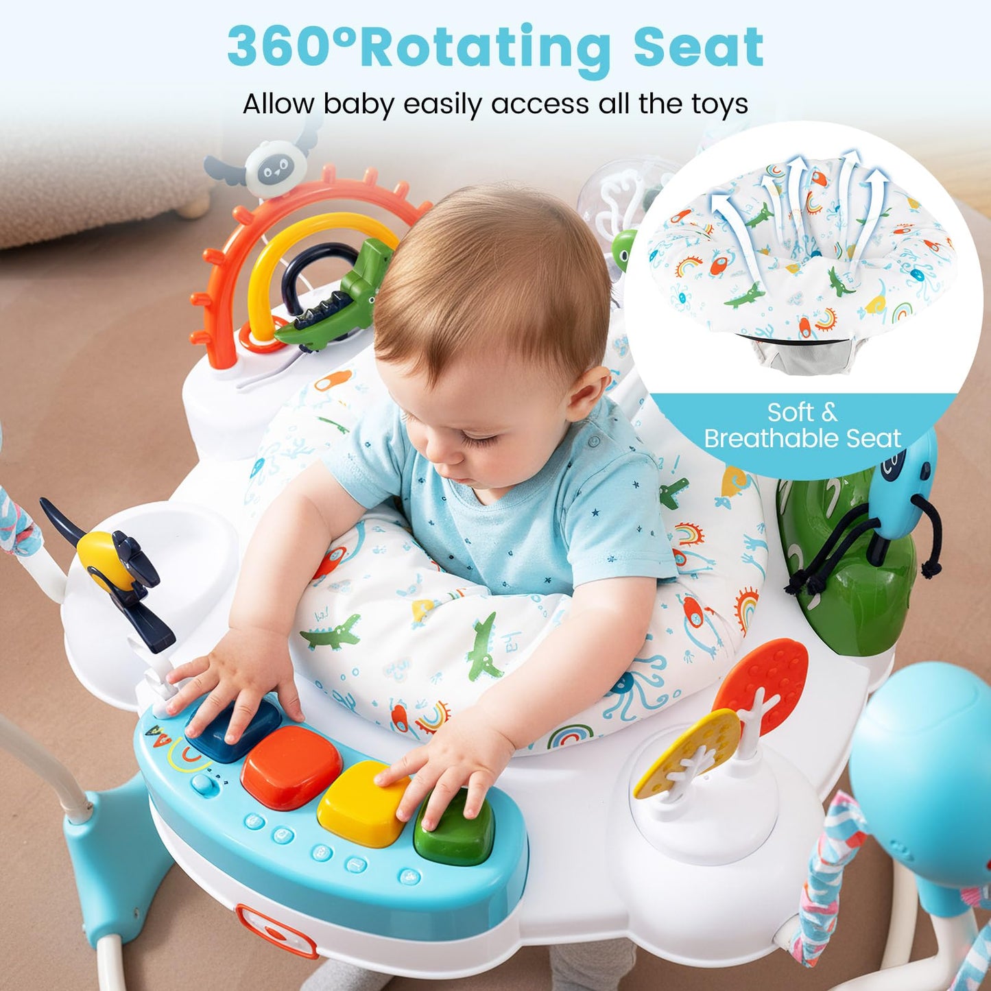 Top view of baby activity center interactive toy layout