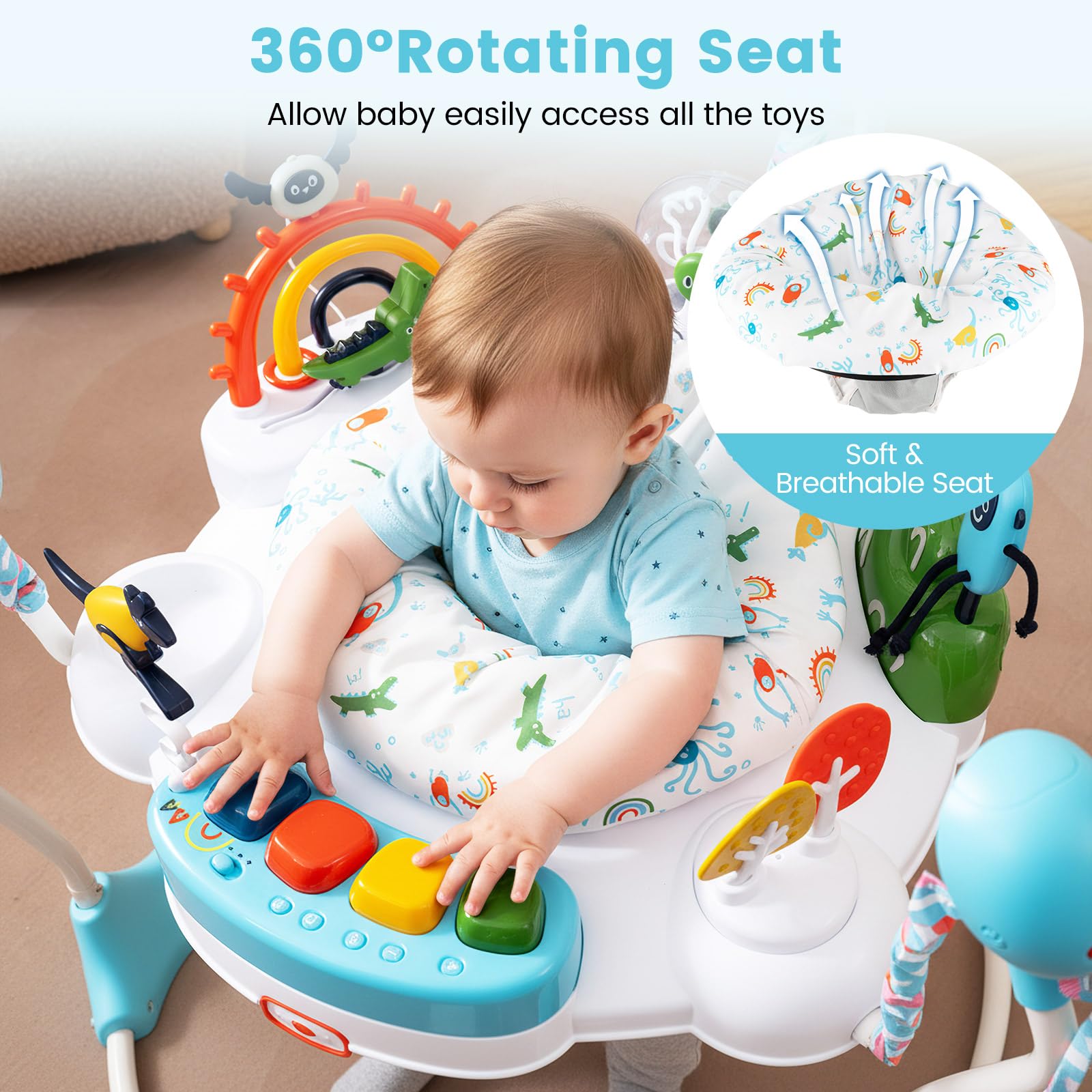 Top view of baby activity center interactive toy layout