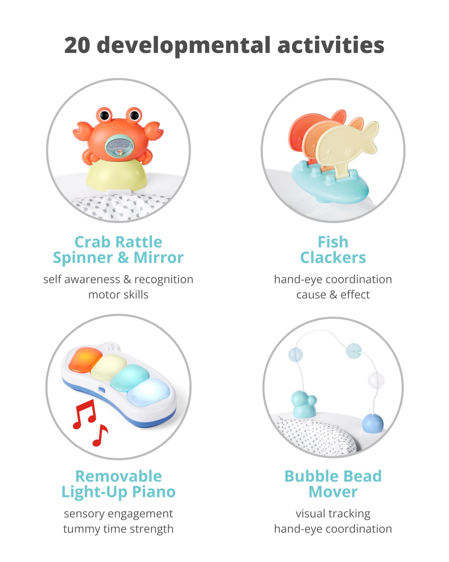 Close up of sea-inspired developmental toys on activity center