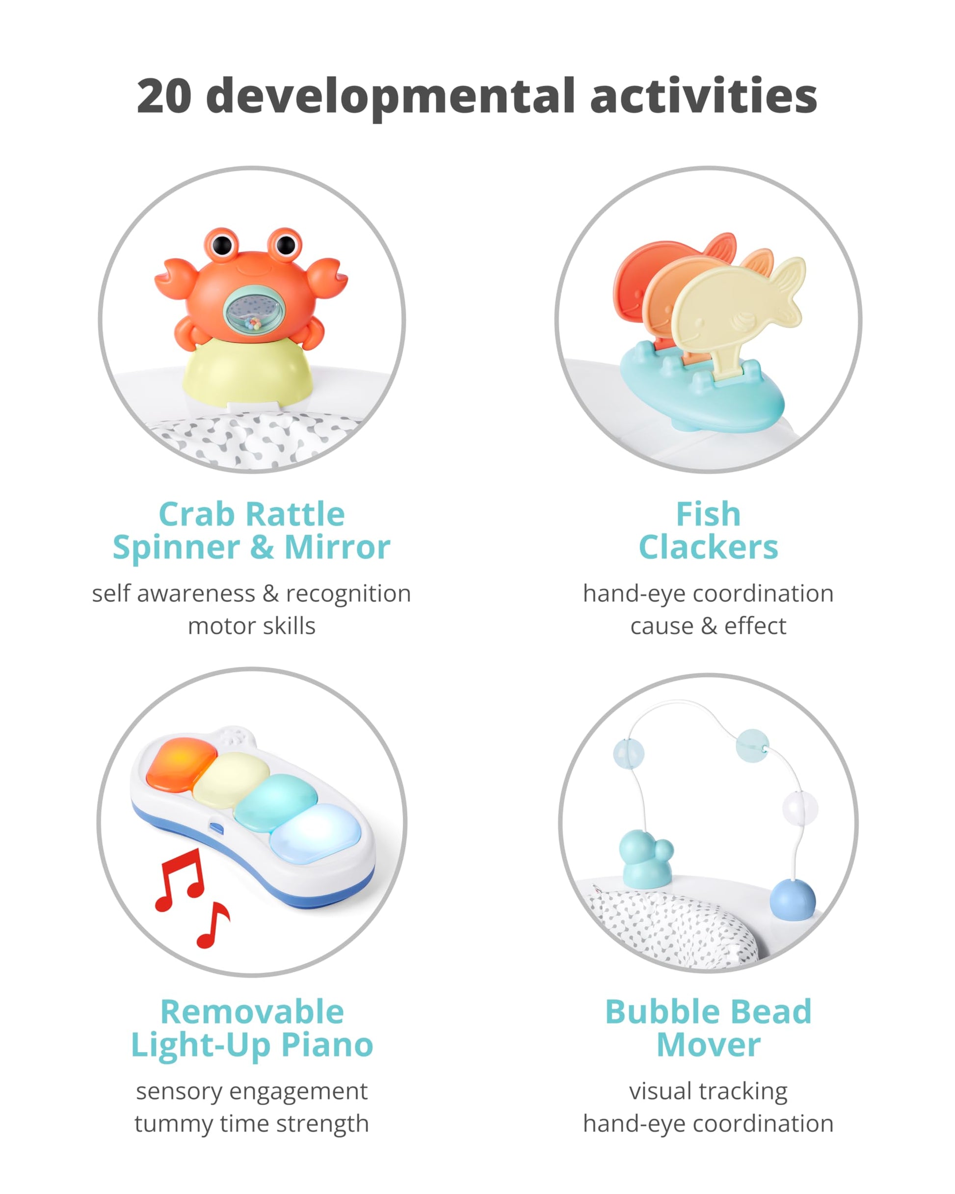 Close up of sea-inspired developmental toys on activity center