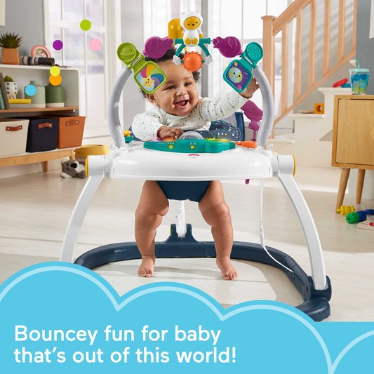 Baby playing in Fisher-Price Astro Kitty SpaceSaver Jumperoo