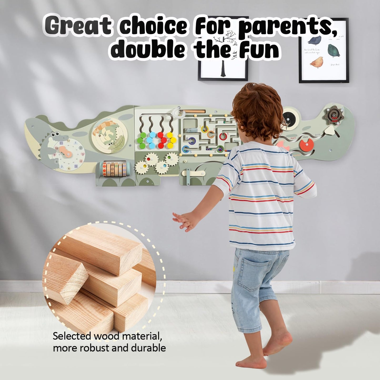 Detailed view of crocodile maze and clock sensory toy