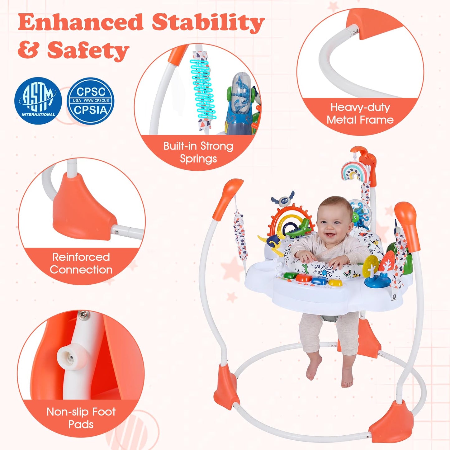 Baby interacting with hanging toys on activity center