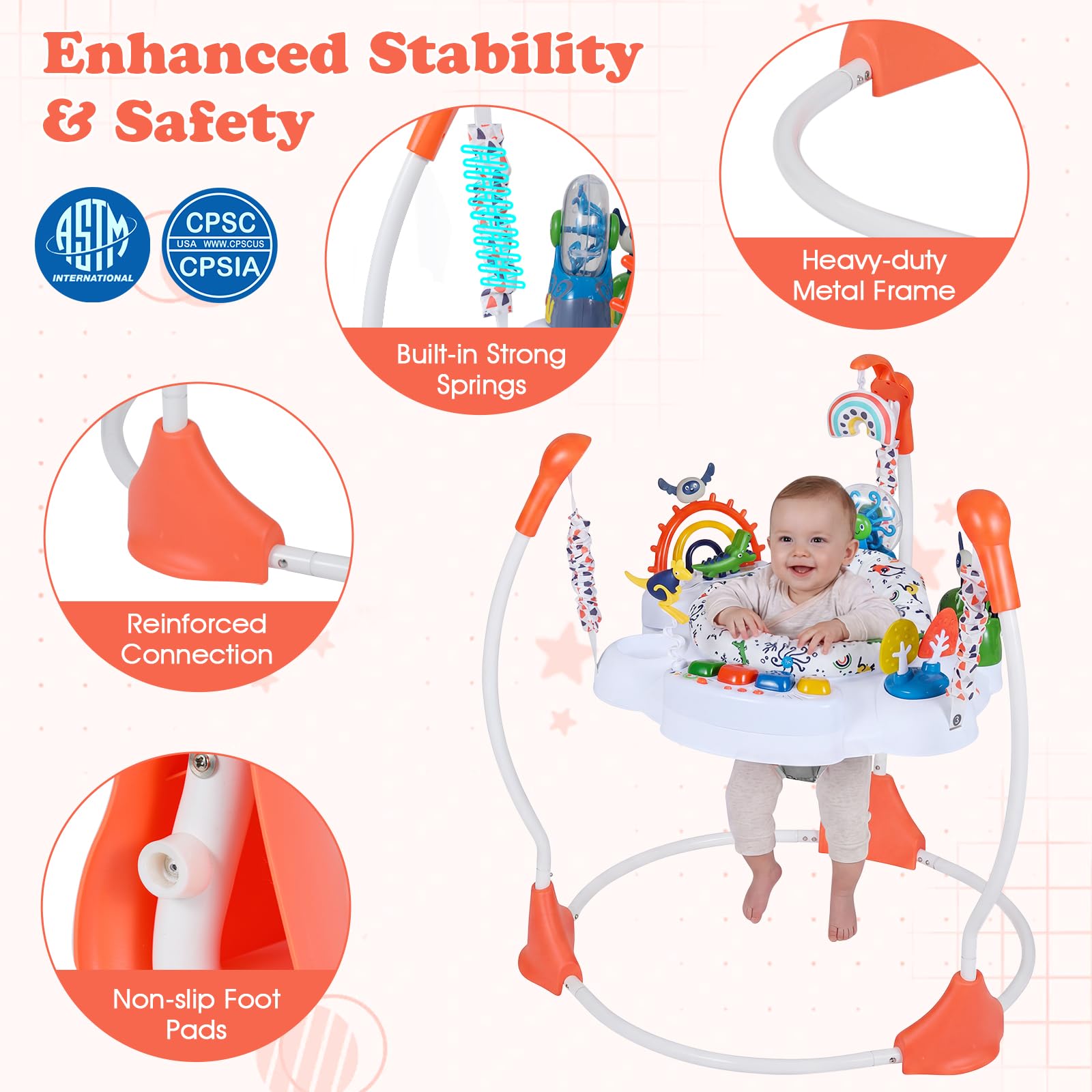Baby interacting with hanging toys on activity center