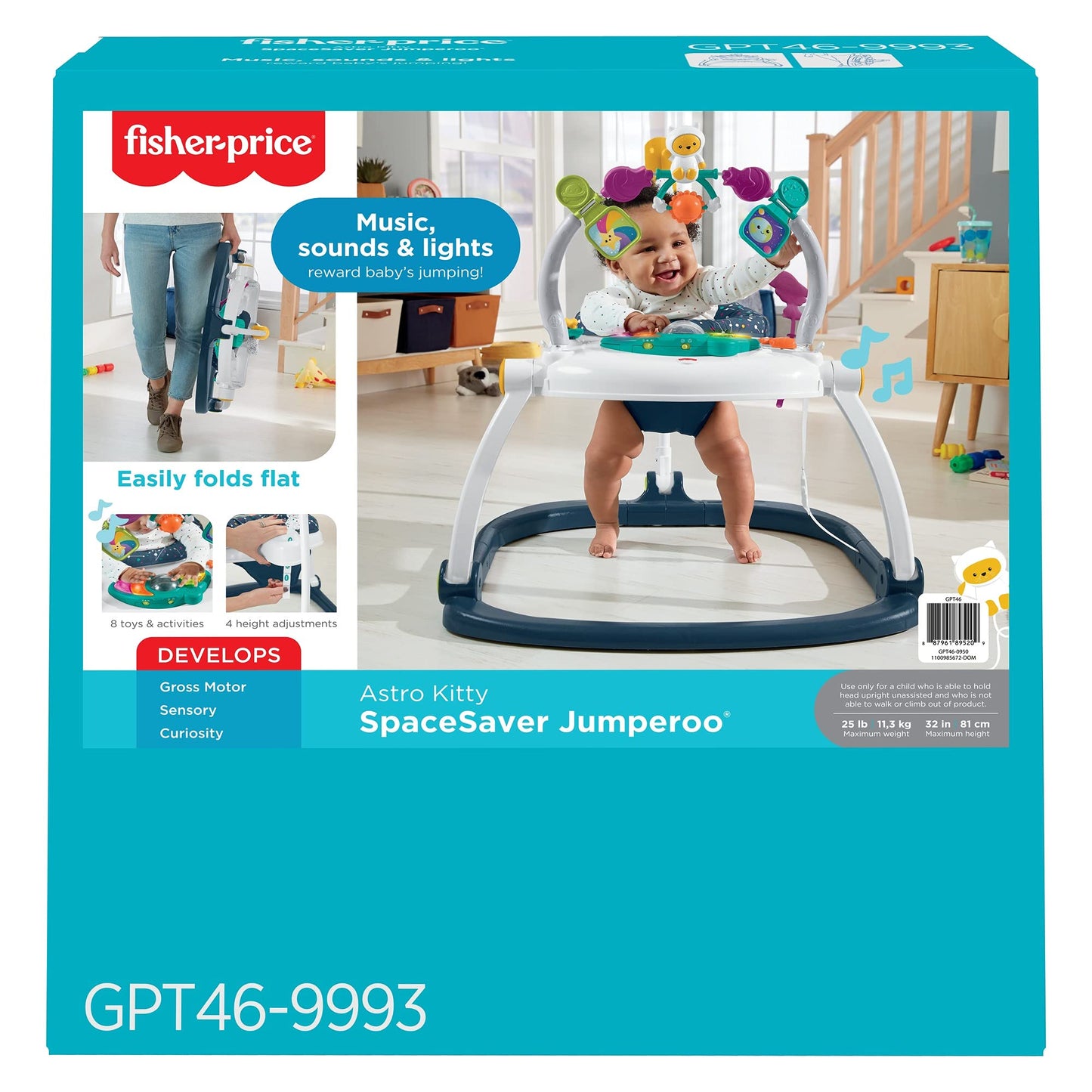 Side view of Fisher-Price baby jumper adjustable height seat