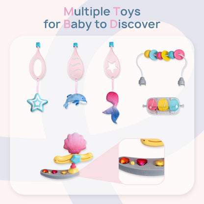 Close up of interactive music and light tray on baby jumper