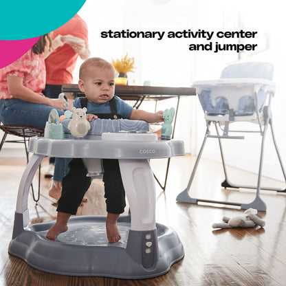 Six interactive toys on Cosco Activity Center blue tray