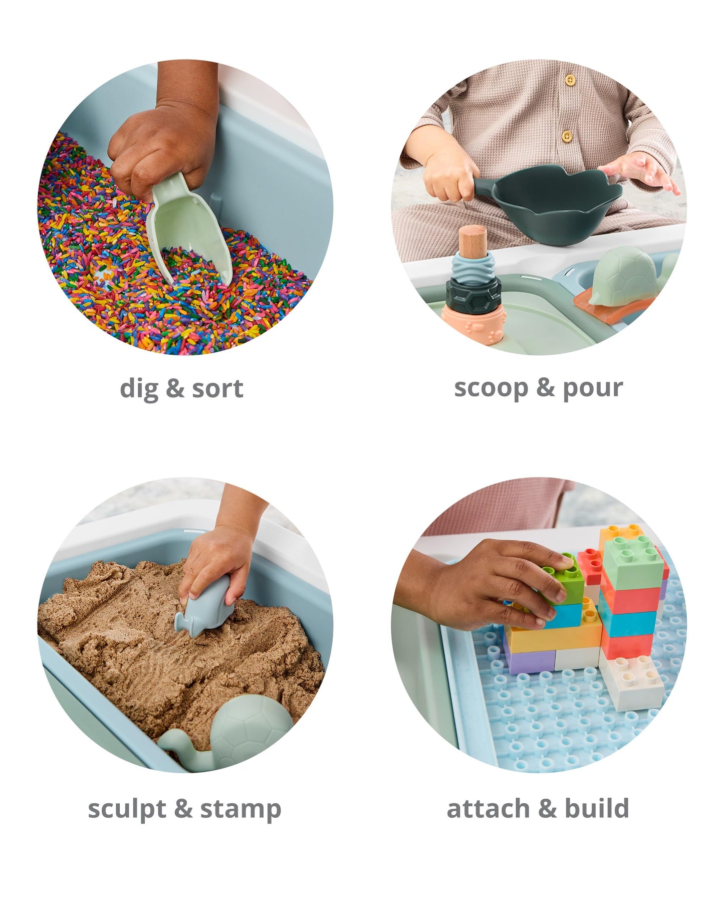 Skip Hop sensory table with convertible lids and bins shown