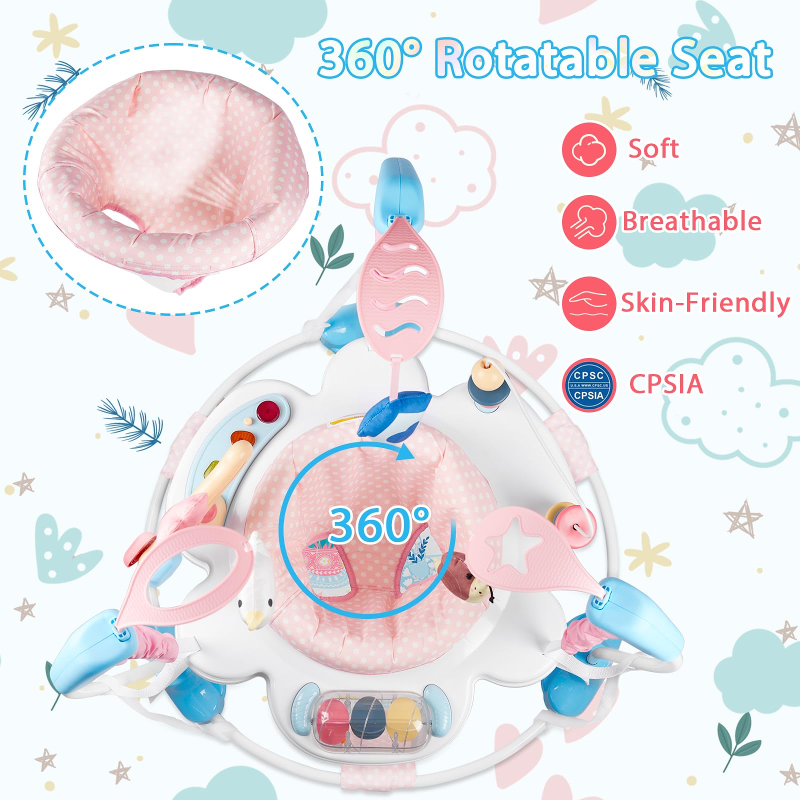 Baby activity center with 360 degree rotating seat