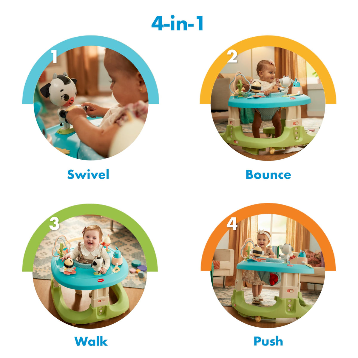 Tiny Love 4-In-1 Play And Go Mobile Activity Center angled perspective showing 360-degree rotating seat.