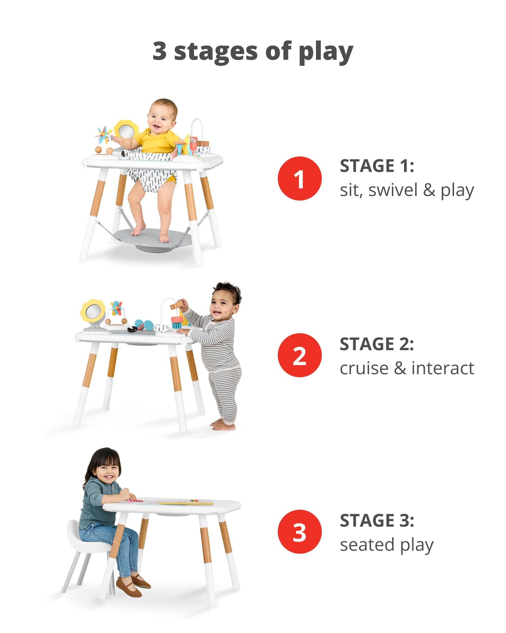 Close up of Montessori wooden toys on Skip Hop activity center