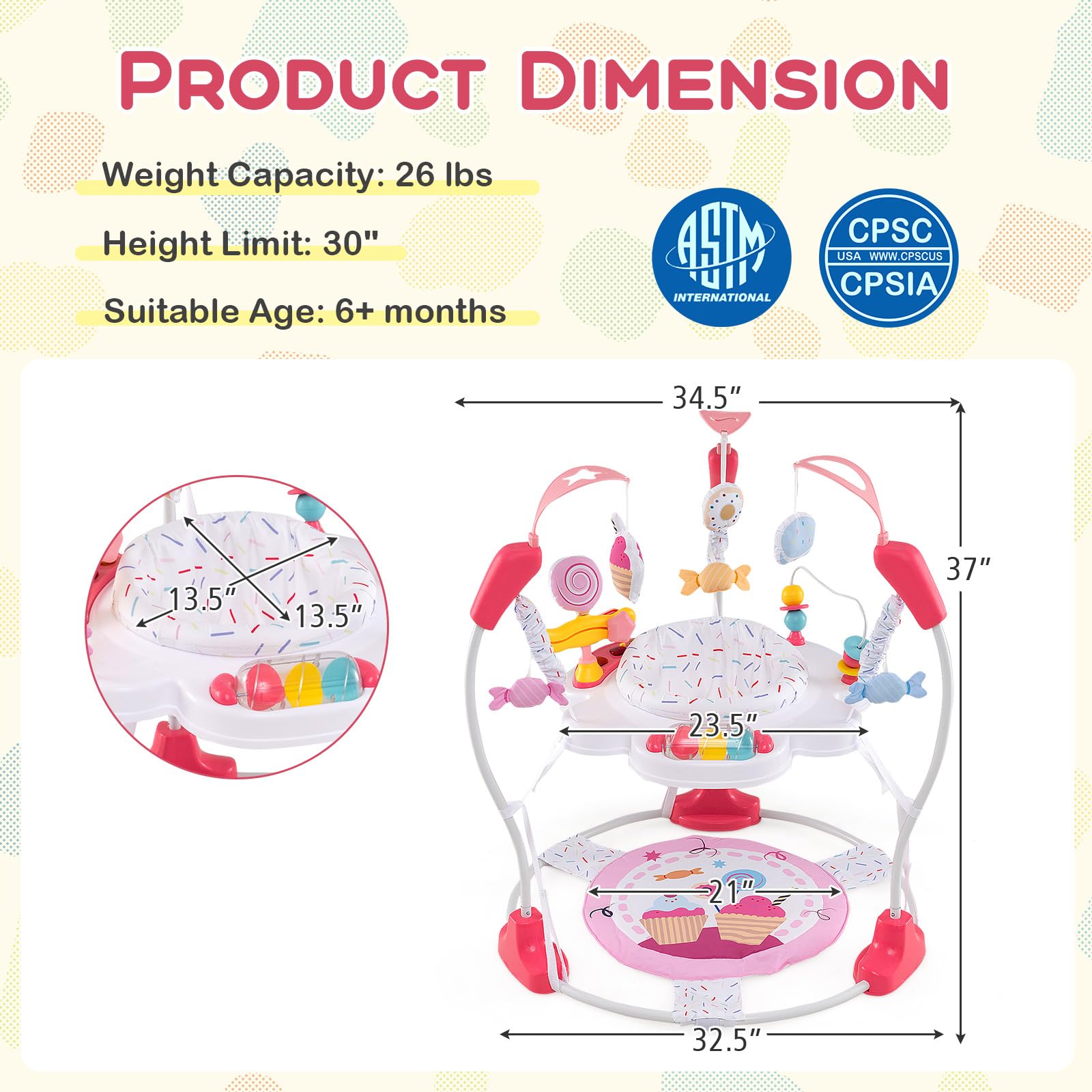 Close up of baby activity center toy attachments
