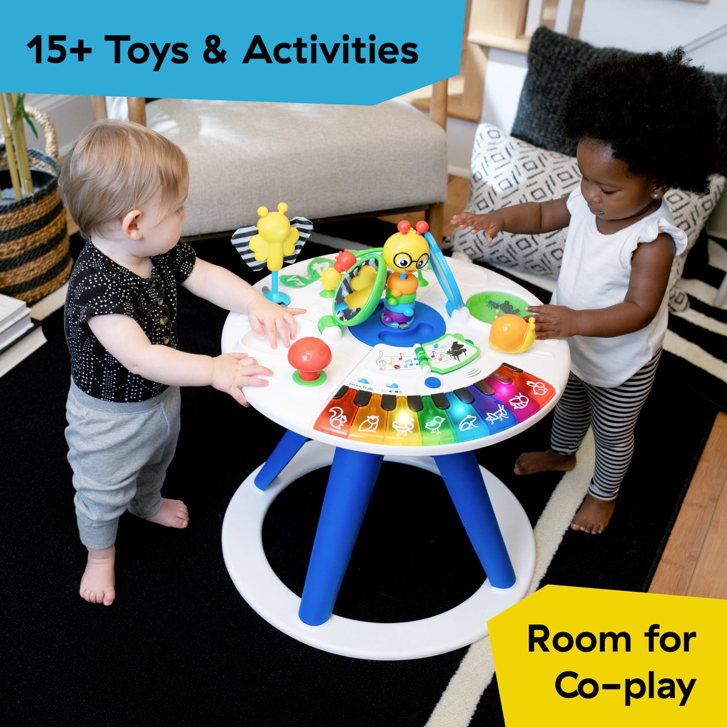 Detail view of interactive toys on Baby Einstein play table