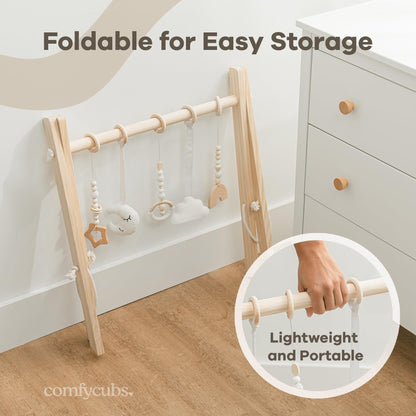 Minimalist wooden baby gym in a nursery setting