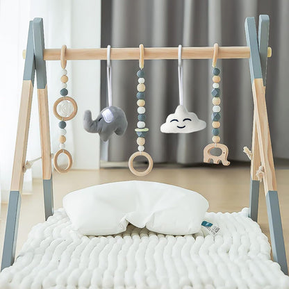 Foldable natural wood activity gym frame collapsed flat for storage
