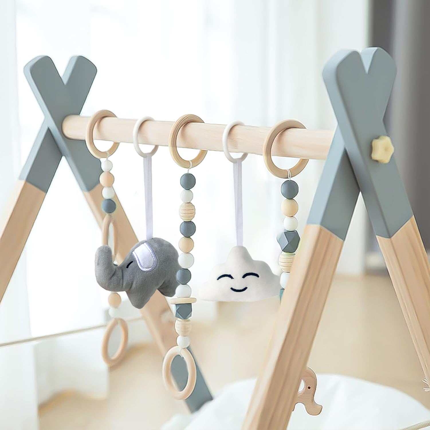 Minimalist wooden baby gym frame highlighting the premium natural wood grain