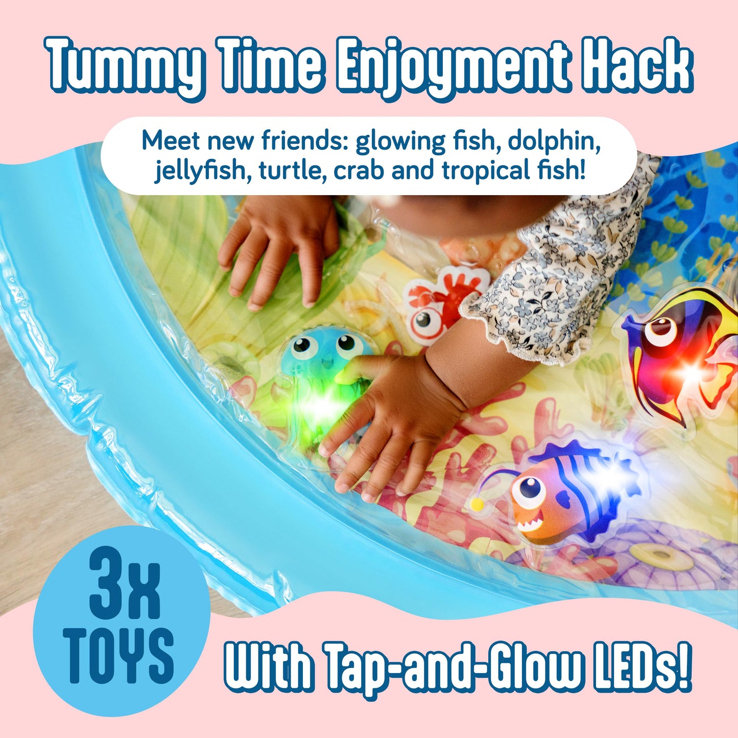 Close up of LED glowing fish toys inside water mat