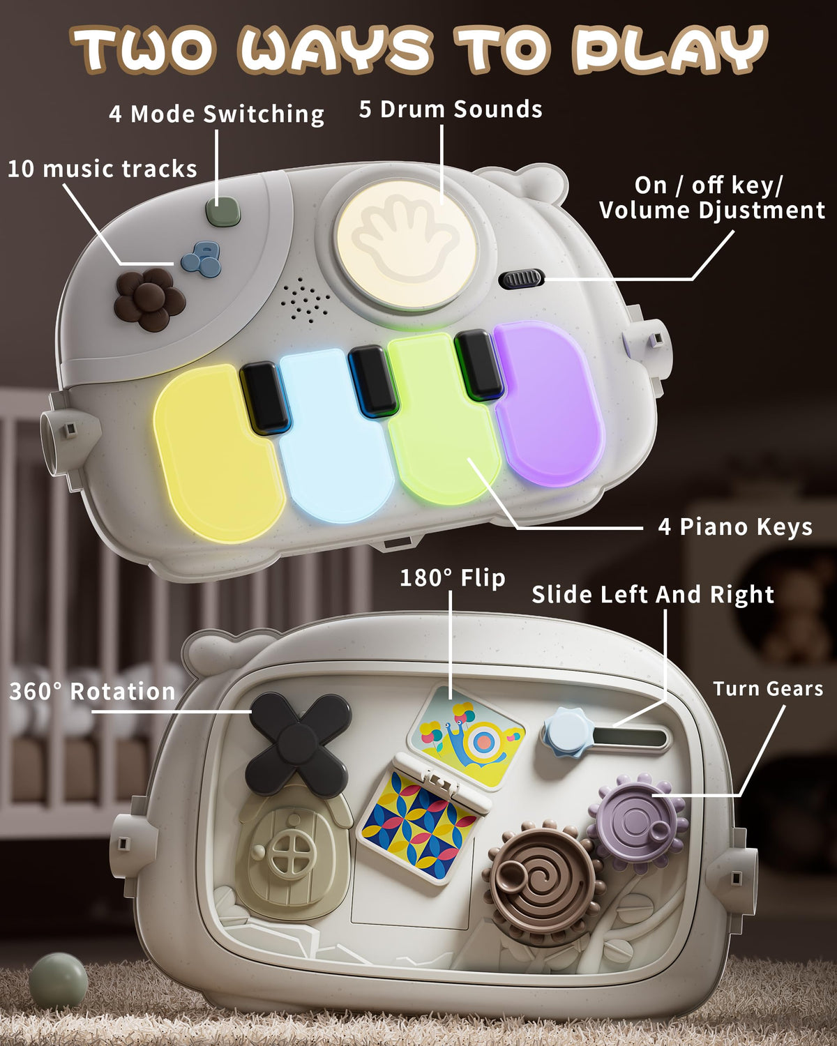 Jovow baby activity gym showing double-sided piano board details